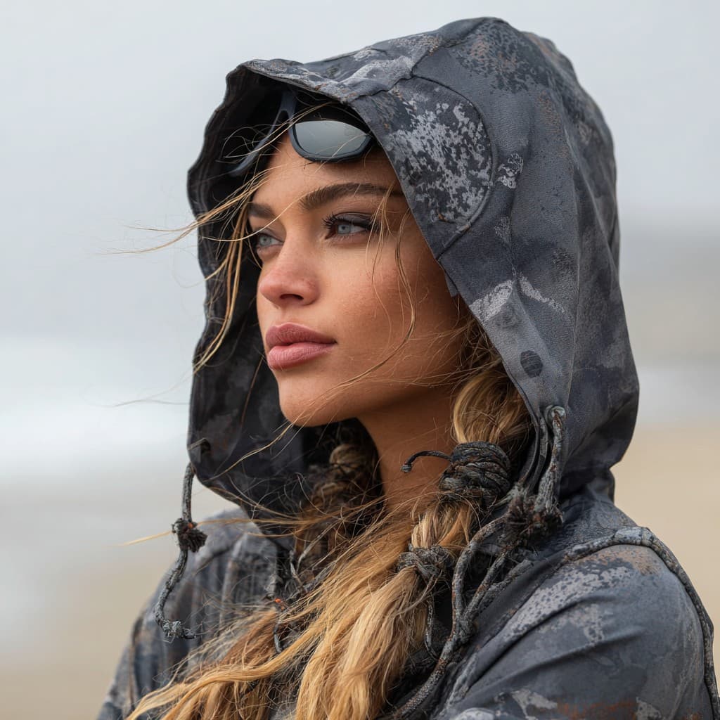 Woman in a graphite camo hoodie on an overcast beach, hood up, looking to the side