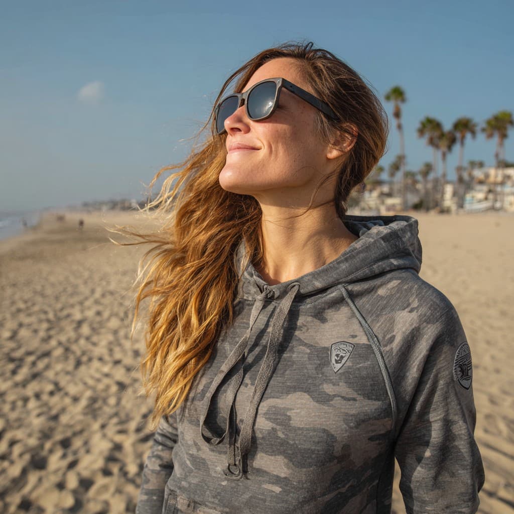 Woman in a graphite camo hoodie on a sunny beach with palm trees in the distance